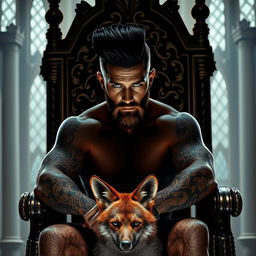 A sexy silhouette of a man with a black pompadour hairstyle, a light beard, and mesmerizing green eyes, covered in tattoos