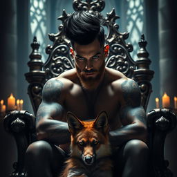 A sexy silhouette of a man with a black pompadour hairstyle, a light beard, and mesmerizing green eyes, covered in tattoos