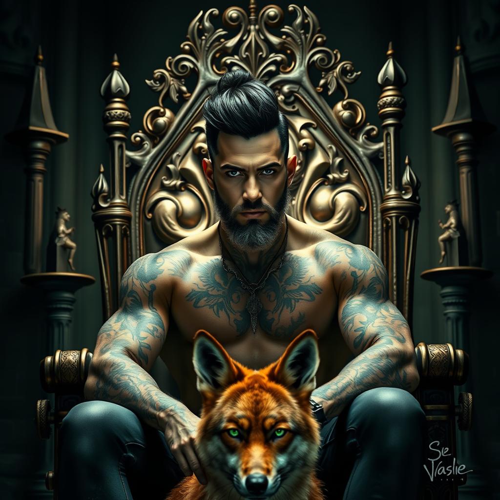 A sexy silhouette of a man with a black pompadour hairstyle, a light beard, and mesmerizing green eyes, covered in tattoos