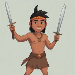 A cartoon of a young indigenous man, raising his sword with valor and defiance.