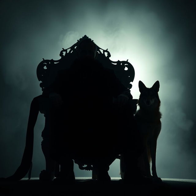 A striking silhouette of a man seated on an ornate throne, exuding an air of power and authority