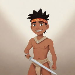 A cartoon of a young indigenous man, raising his sword with valor and defiance.