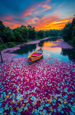 A picturesque scene depicting a vibrant boat floating gently on a serene river, with the water covered in a rich layer of colorful rose petals, reflecting the hues of a sunset sky