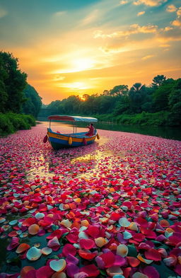 A picturesque scene depicting a vibrant boat floating gently on a serene river, with the water covered in a rich layer of colorful rose petals, reflecting the hues of a sunset sky