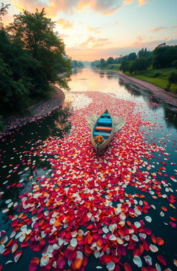 A picturesque scene depicting a vibrant boat floating gently on a serene river, with the water covered in a rich layer of colorful rose petals, reflecting the hues of a sunset sky