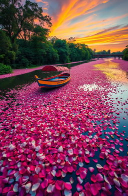 A picturesque scene depicting a vibrant boat floating gently on a serene river, with the water covered in a rich layer of colorful rose petals, reflecting the hues of a sunset sky