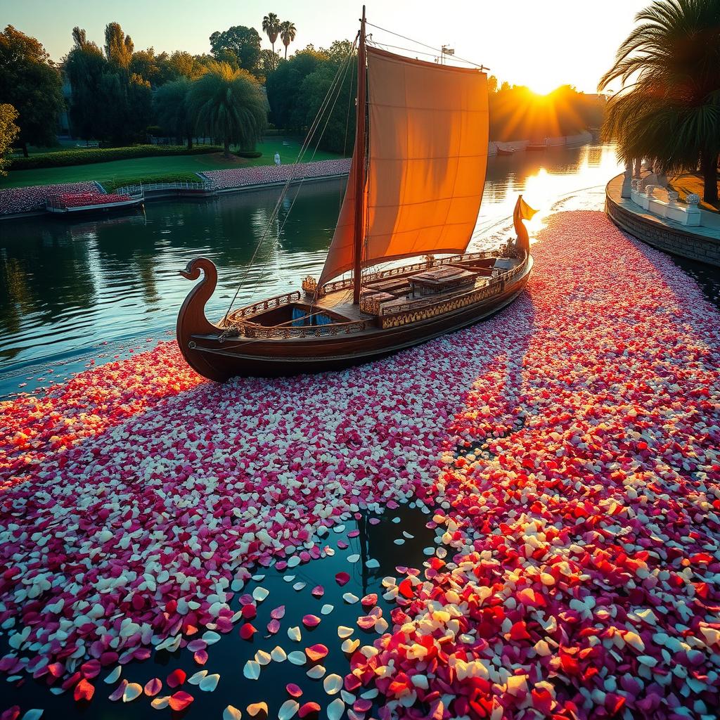 A majestic large boat navigating through a tranquil river, abundantly covered in a thick layer of colorful rose petals