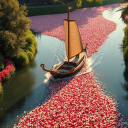 A majestic large boat navigating through a tranquil river, abundantly covered in a thick layer of colorful rose petals