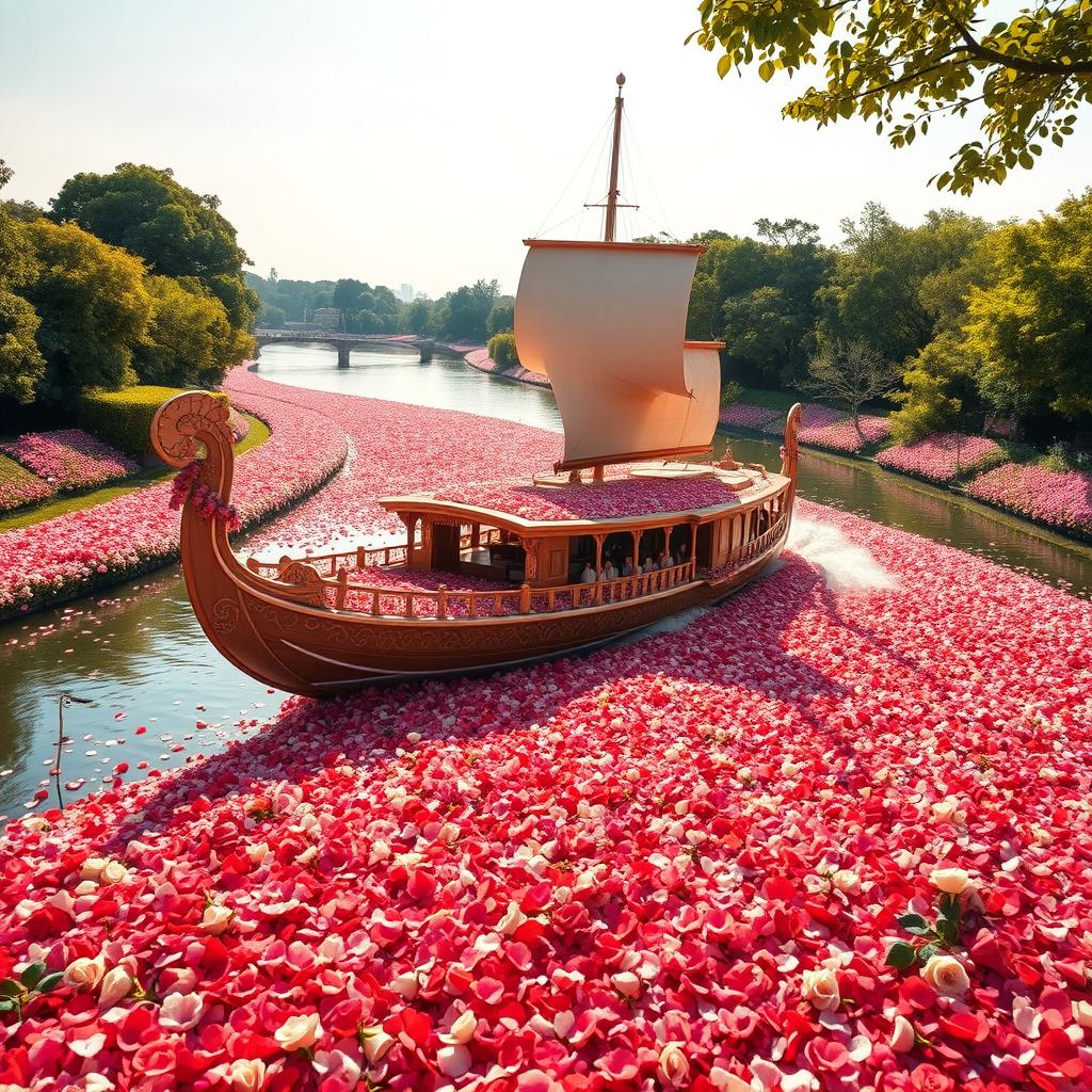 A majestic large boat navigating through a tranquil river, abundantly covered in a thick layer of colorful rose petals