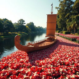 A majestic large boat navigating through a tranquil river, abundantly covered in a thick layer of colorful rose petals