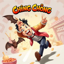 A comedic movie poster featuring an Asian man in action, energetically chasing after a bat with a pair of chopsticks