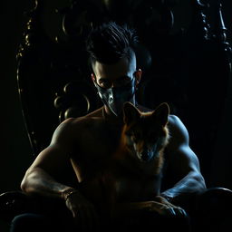 A striking silhouette of a sexy man with green eyes, black pompadour hairstyle, and covered in tattoos, wearing a mysterious mask