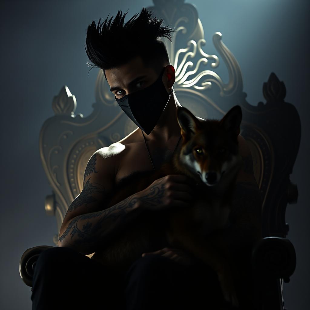 A striking silhouette of a sexy man with green eyes, black pompadour hairstyle, and covered in tattoos, wearing a mysterious mask