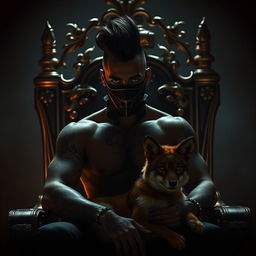 A striking silhouette of a sexy man with green eyes, black pompadour hairstyle, and covered in tattoos, wearing a mysterious mask