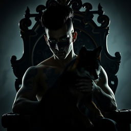 A striking silhouette of a sexy man with green eyes, black pompadour hairstyle, and covered in tattoos, wearing a mysterious mask