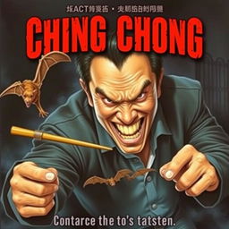 A realistic movie poster featuring an evil-looking Asian man with a sinister grin, energetically chasing after a bat with a pair of chopsticks