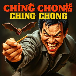 A realistic movie poster featuring an evil-looking Asian man with a sinister grin, energetically chasing after a bat with a pair of chopsticks