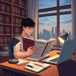 A detailed illustration representing a law student focused on preparing for the OAB, a prominent Brazilian legal examination