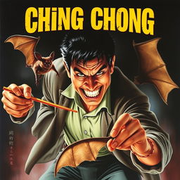 A realistic movie poster featuring an evil-looking Asian man with a sinister grin, energetically chasing after a bat with a pair of chopsticks