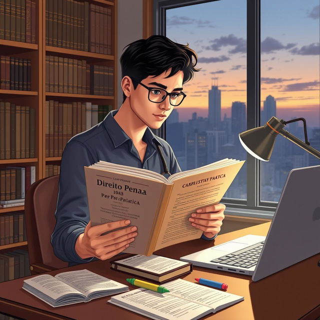 A detailed illustration representing a law student focused on preparing for the OAB, a prominent Brazilian legal examination