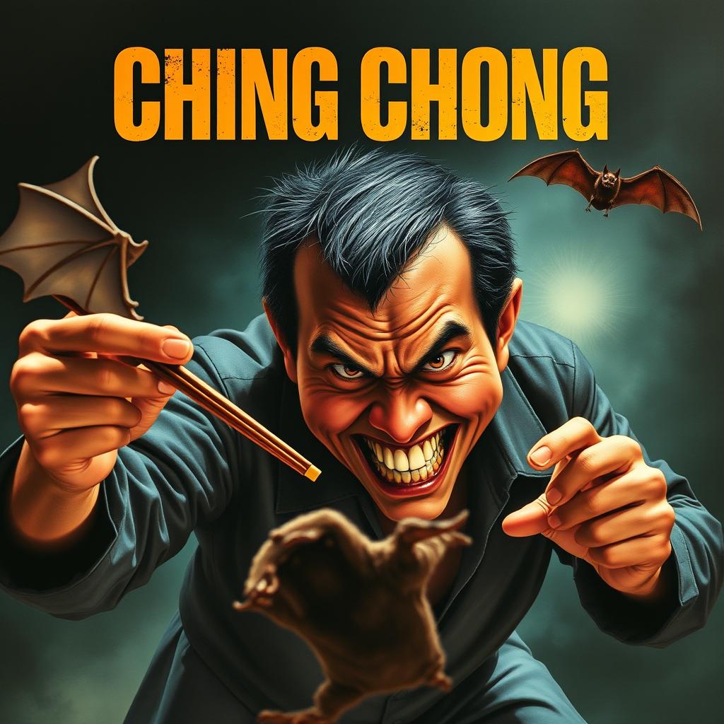 A realistic movie poster featuring an evil-looking Asian man with a sinister grin, energetically chasing after a bat with a pair of chopsticks