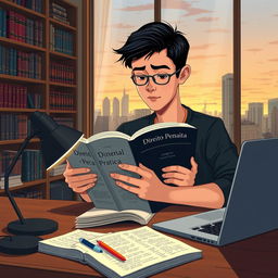 A detailed illustration representing a law student focused on preparing for the OAB, a prominent Brazilian legal examination