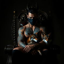 A captivating silhouette of a sexy man with striking green eyes, black hair, and covered in tattoos, wearing a mysterious mask