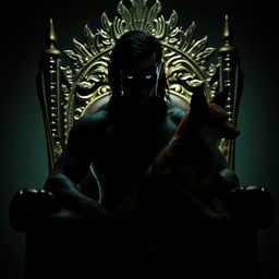 A captivating silhouette of a sexy man with striking green eyes, black hair, and covered in tattoos, wearing a mysterious mask