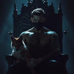 A captivating silhouette of a sexy man with striking green eyes, black hair, and covered in tattoos, wearing a mysterious mask