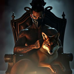 A captivating silhouette of a sexy man with striking green eyes, black hair, and covered in tattoos, wearing a mysterious mask