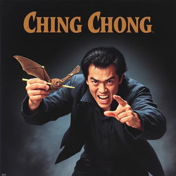 A realistic movie poster depicting an evil Asian man with an intense expression, energetically chasing after a bat using chopsticks, as if trying to catch it to eat