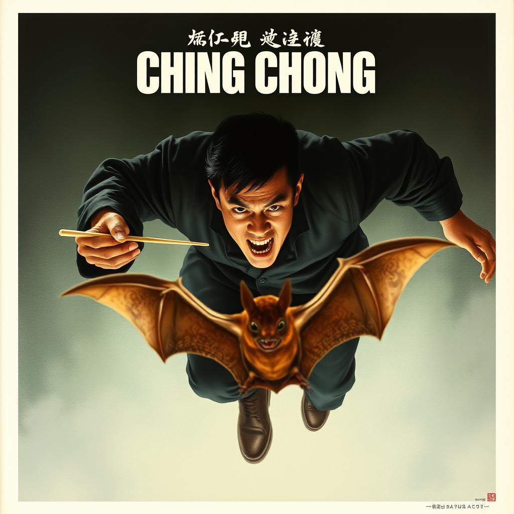 A realistic movie poster depicting an evil Asian man with an intense expression, energetically chasing after a bat using chopsticks, as if trying to catch it to eat