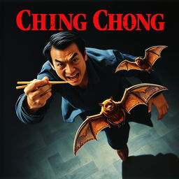 A realistic movie poster depicting an evil Asian man with an intense expression, energetically chasing after a bat using chopsticks, as if trying to catch it to eat