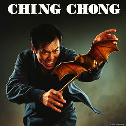 A realistic movie poster depicting an evil Asian man with an intense expression, energetically chasing after a bat using chopsticks, as if trying to catch it to eat