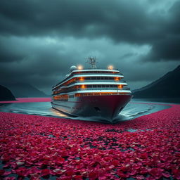 A dramatic scene featuring a luxurious cruise ship gliding through a river overflowing with vibrant rose petals