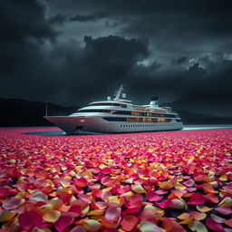 A dramatic scene featuring a luxurious cruise ship gliding through a river overflowing with vibrant rose petals