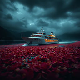 A dramatic scene featuring a luxurious cruise ship gliding through a river overflowing with vibrant rose petals