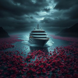 A dramatic scene featuring a luxurious cruise ship gliding through a river overflowing with vibrant rose petals