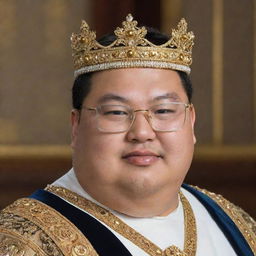 A slightly chubby, intelligent-looking Asian man wearing glasses, crowned with a regal, gold encrusted crown.