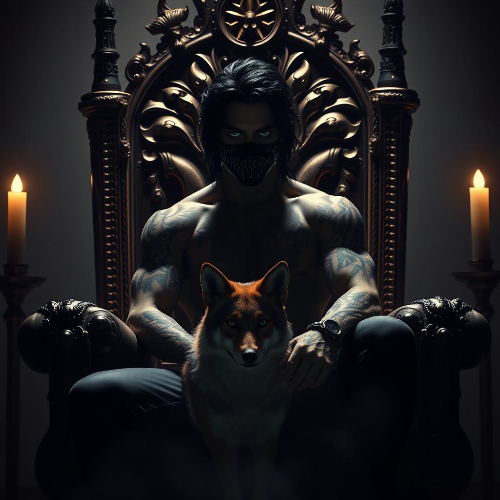 A captivating silhouette of a sexy man with green eyes, black hair, and adorned with tattoos, wearing a mysterious mask