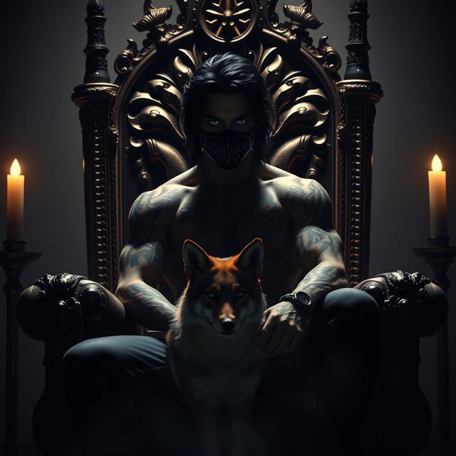 A captivating silhouette of a sexy man with green eyes, black hair, and adorned with tattoos, wearing a mysterious mask