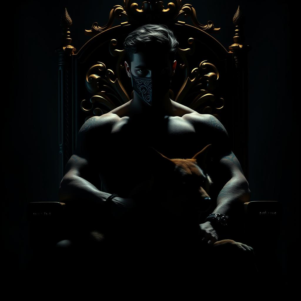 A striking silhouette of a sexy man with captivating green eyes, black hair, and intricate tattoos, wearing a mysterious mask