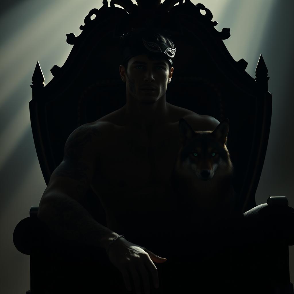 A striking silhouette of a sexy man with captivating green eyes, black hair, and intricate tattoos, wearing a mysterious mask