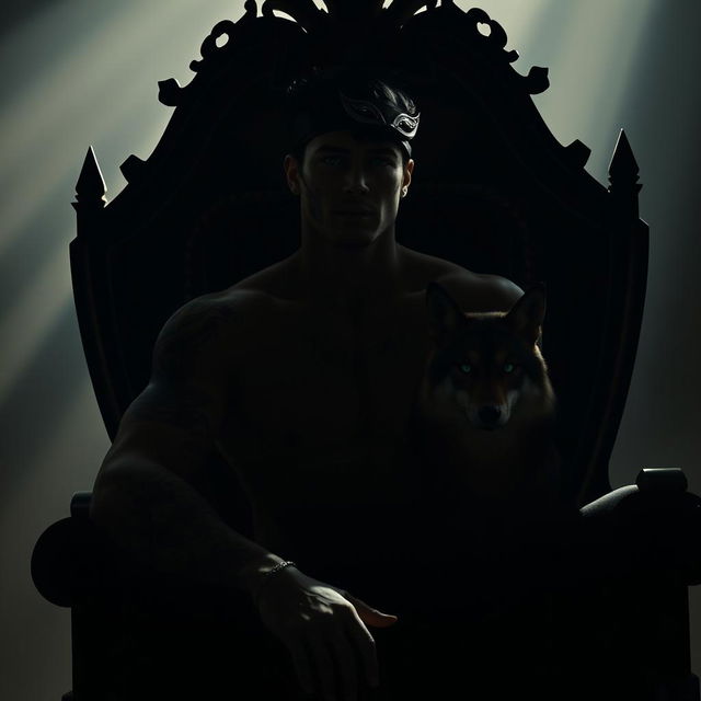 A striking silhouette of a sexy man with captivating green eyes, black hair, and intricate tattoos, wearing a mysterious mask