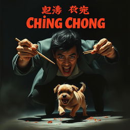 A realistic movie poster depicting an evil Asian man with a menacing expression, vigorously chasing after a small dog using a pair of chopsticks, as if intent on catching it to eat