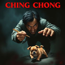 A realistic movie poster depicting an evil Asian man with a menacing expression, vigorously chasing after a small dog using a pair of chopsticks, as if intent on catching it to eat