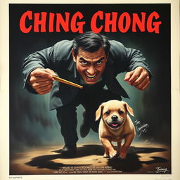 A realistic movie poster depicting an evil Asian man with a menacing expression, vigorously chasing after a small dog using a pair of chopsticks, as if intent on catching it to eat