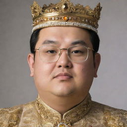 A slightly chubby, intelligent-looking Asian man wearing glasses, crowned with a regal, gold encrusted crown.