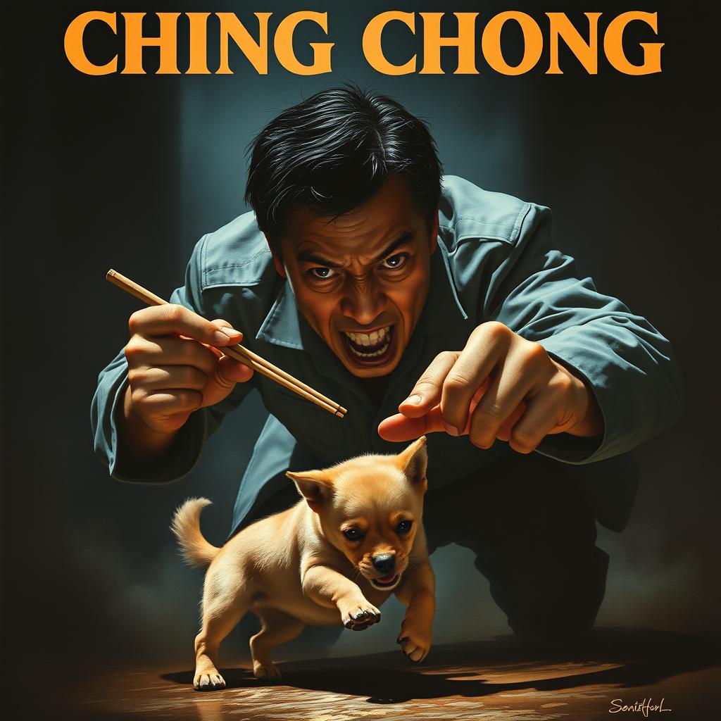 A realistic movie poster depicting an evil Asian man with a menacing expression, vigorously chasing after a small dog using a pair of chopsticks, as if intent on catching it to eat