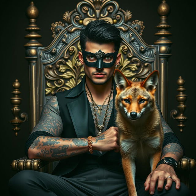 A striking scene featuring a handsome man with vibrant green eyes, black hair, and intricate tattoos, wearing a stylish mask